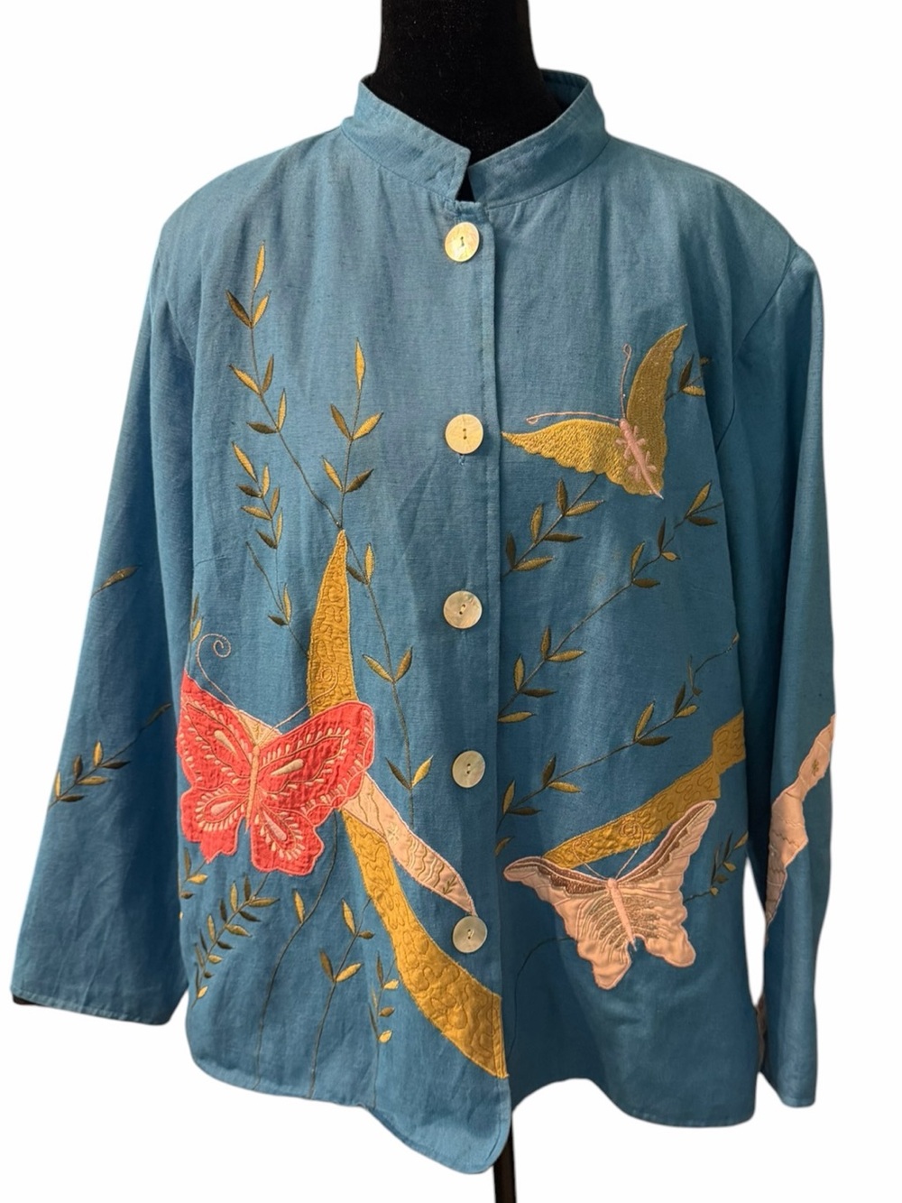 Vintage Alex Kim Butterfly Embroidered Jacket Blue Art to Wear XL 1X